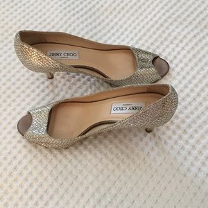 Jimmy Choo silver glitter peep toe heels